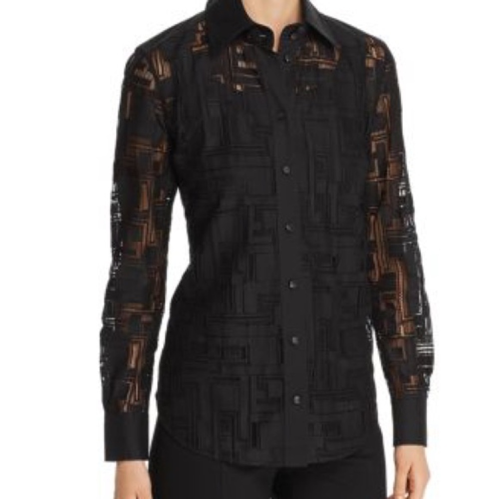 Women’s Lafayette 148 New York Black James Semi-Sheer Blouse Size XS Geometric